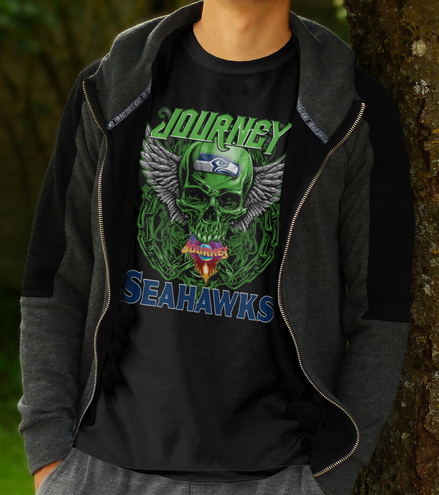 Journey Seattle Seahawks Skull With Wings And Chains T-Shirt