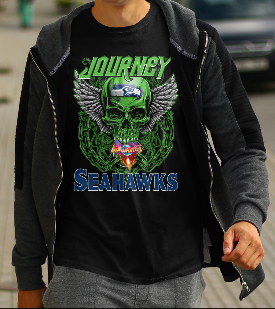 Journey Seattle Seahawks Skull With Wings And Chains T-Shirt