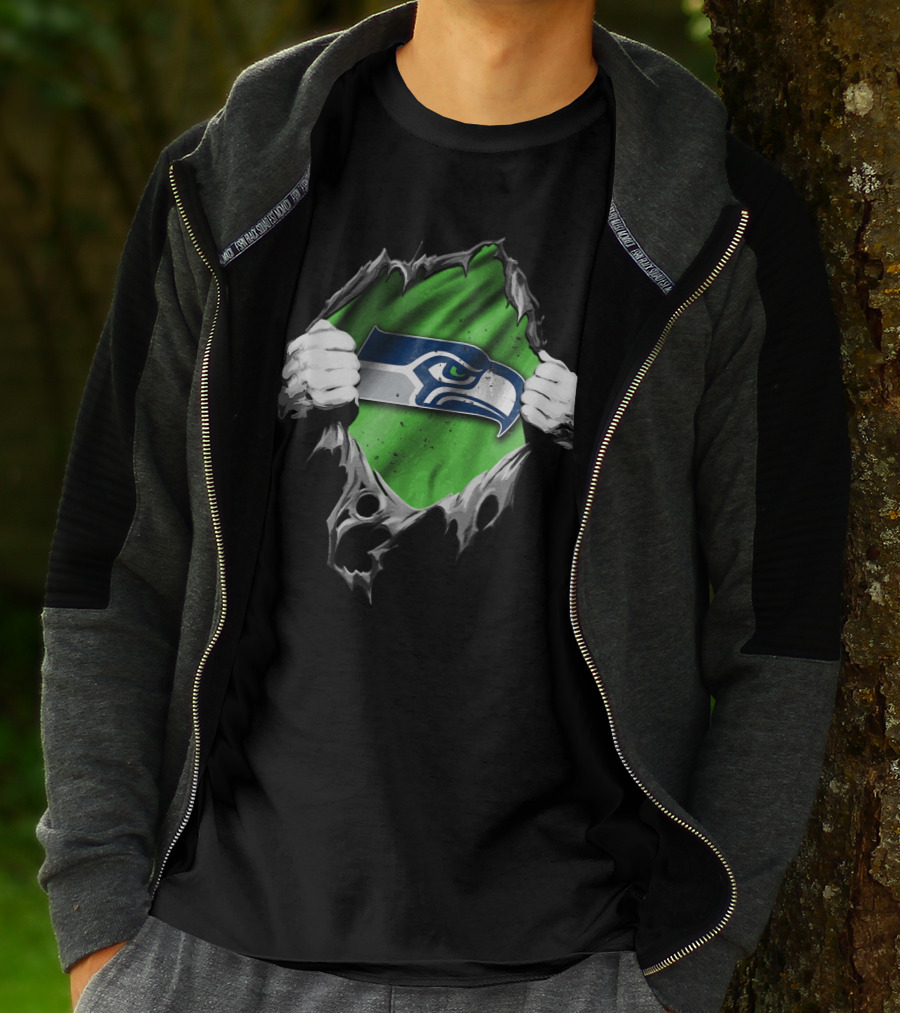 Seattle Seahawks Torn V2 Logo Peeking Through Ripped Fabric T-Shirt