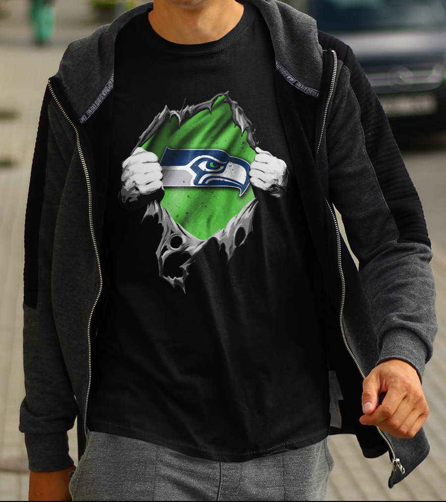 Seattle Seahawks Torn V2 Logo Peeking Through Ripped Fabric T-Shirt