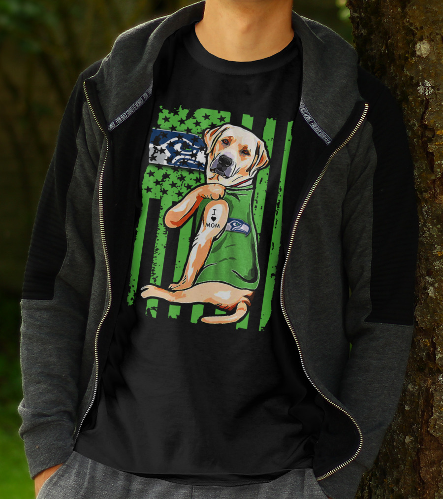 Labrador Retriever Seattle Seahawks Flag I Love Mom Tattoo T-Shirt