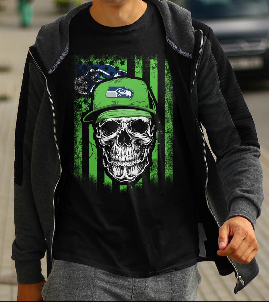 Skull In Seattle Seahawks Cap With Green Stripes And Team T-Shirt