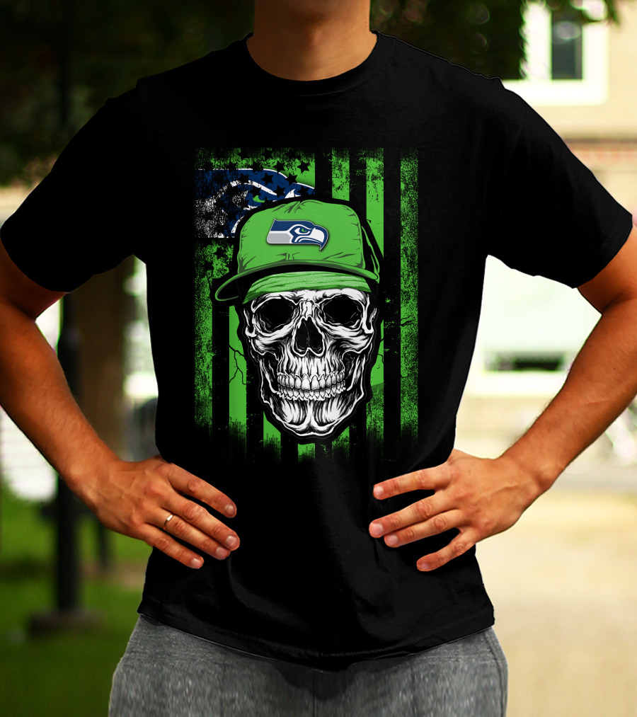 Skull In Seattle Seahawks Cap With Green Stripes And Team T-Shirt
