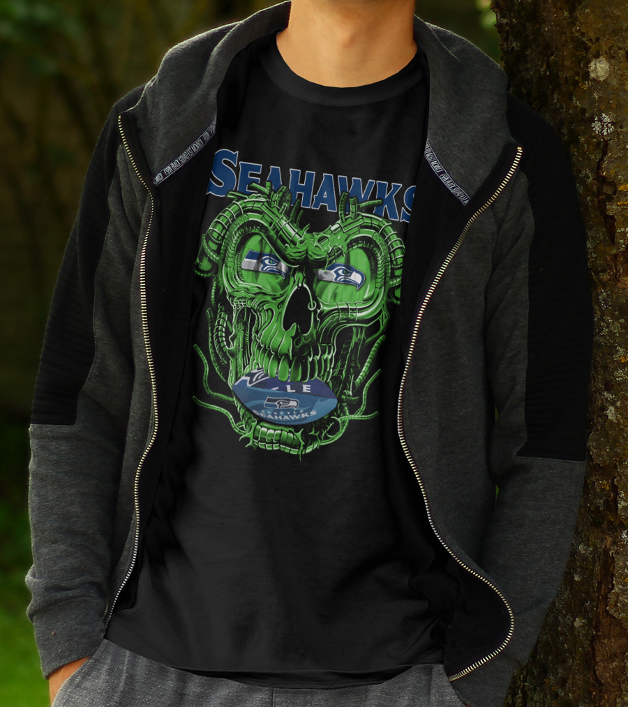 Dragonskull Seahawks Green Skull Design With Seattle Seahawks T-Shirt