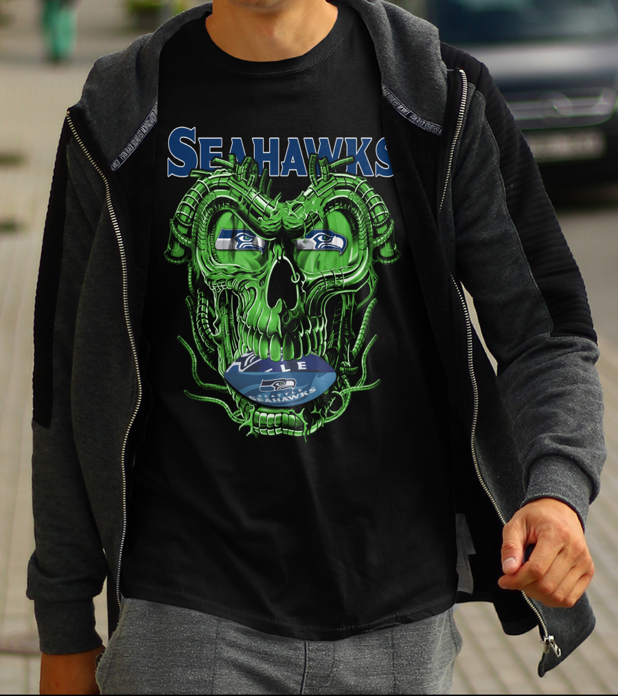 Dragonskull Seahawks Green Skull Design With Seattle Seahawks T-Shirt