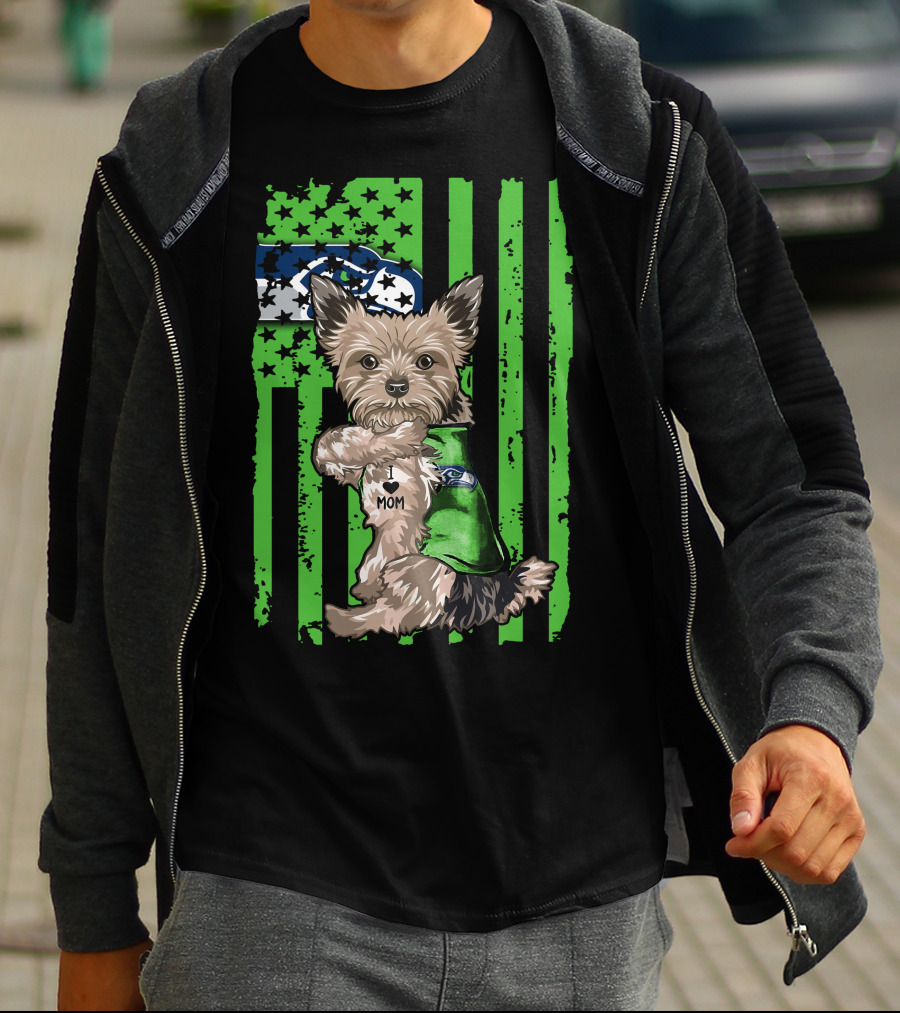 Yorkshire Terrier I Love Mom Seattle Seahawks Flag T-Shirt