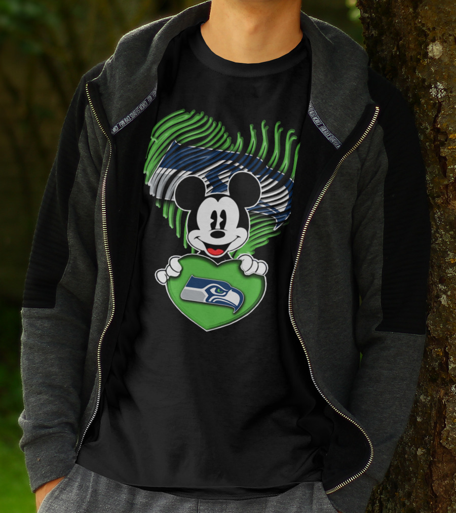 Mickey Mouse Heart Green With Seattle Seahawks T-Shirt