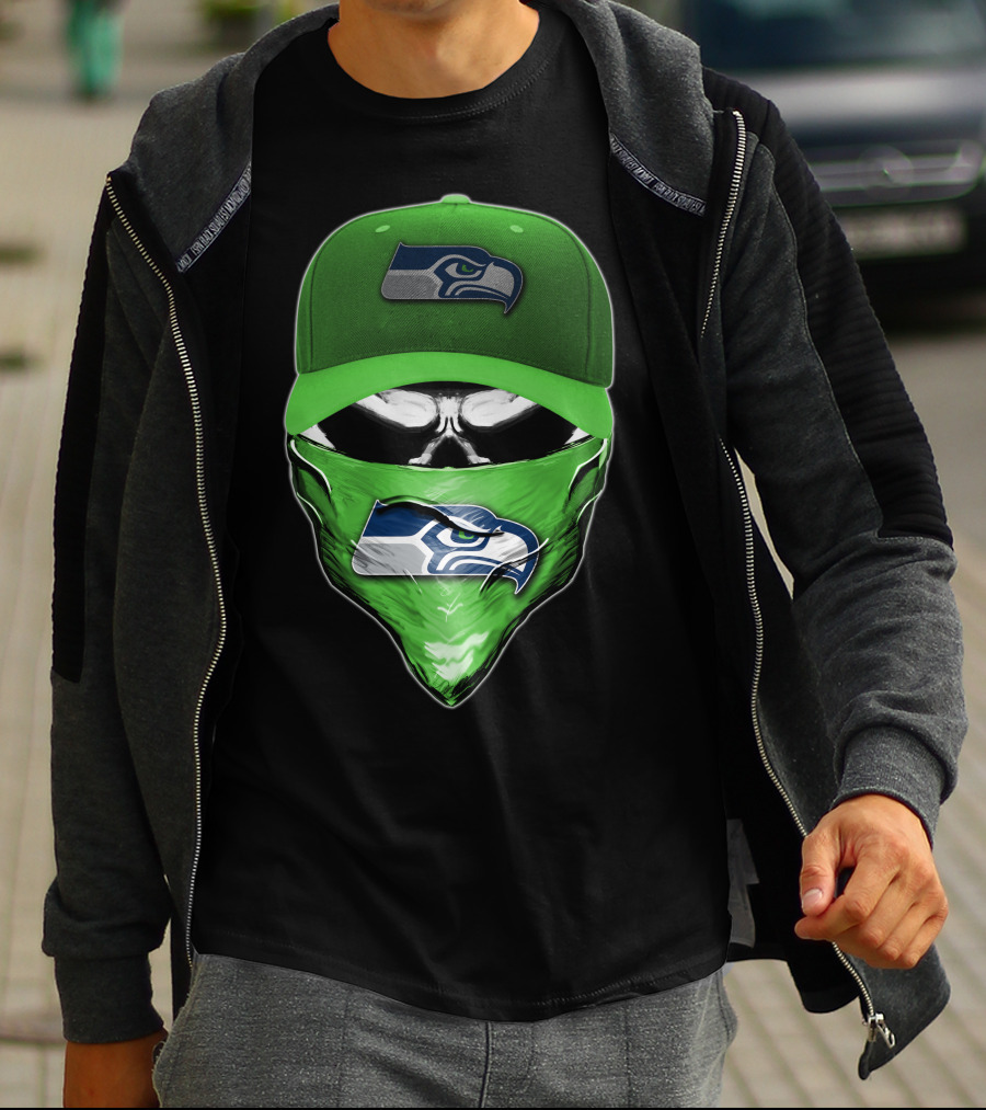 Skull V6 Seattle Seahawks Logo On Green Cap And Bandana T-Shirt