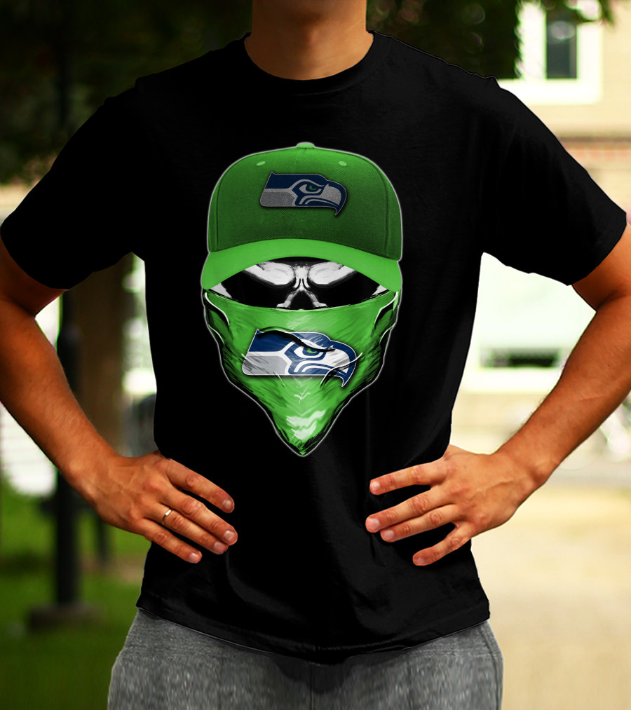 Skull V6 Seattle Seahawks Logo On Green Cap And Bandana T-Shirt