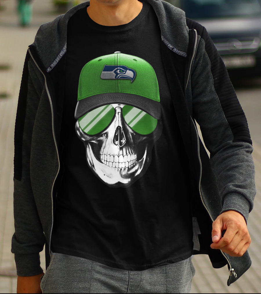 Skull V7 Seattle Seahawks Green Hat And Sunglasses T-Shirt