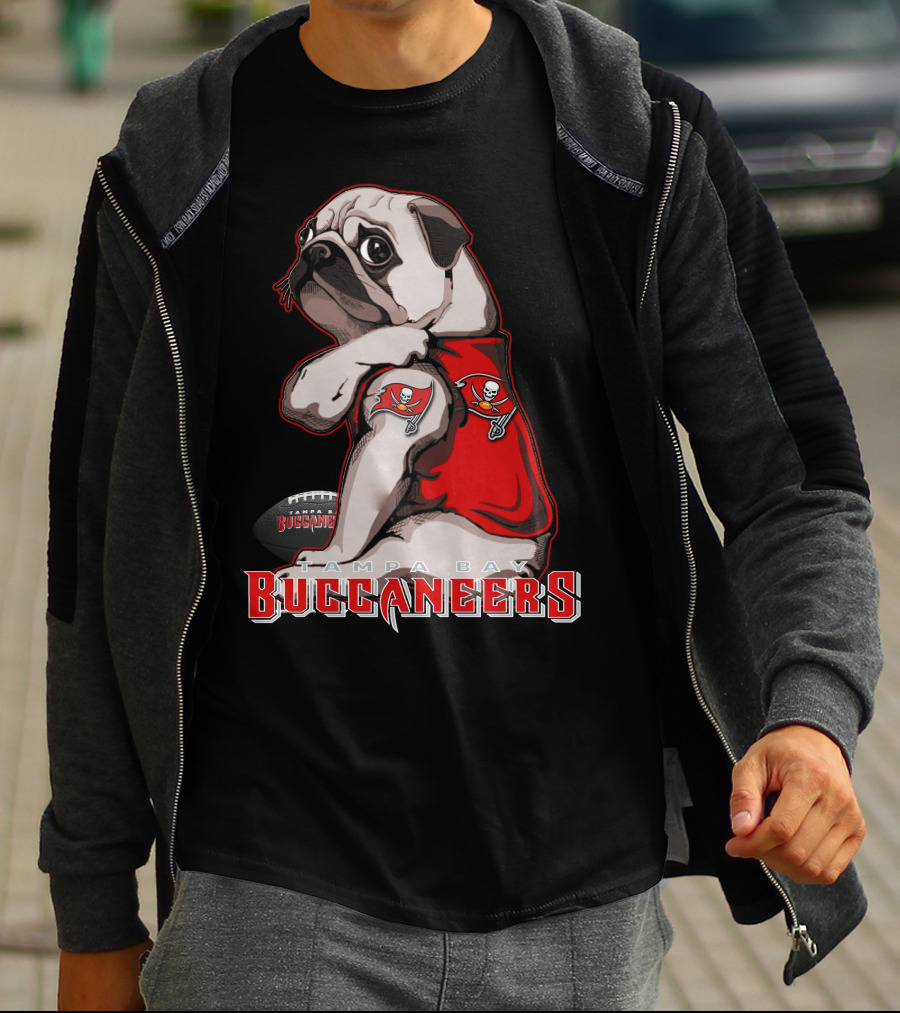 Pug Wearing Tampa Bay Buccaneers Jersey With Football T-Shirt