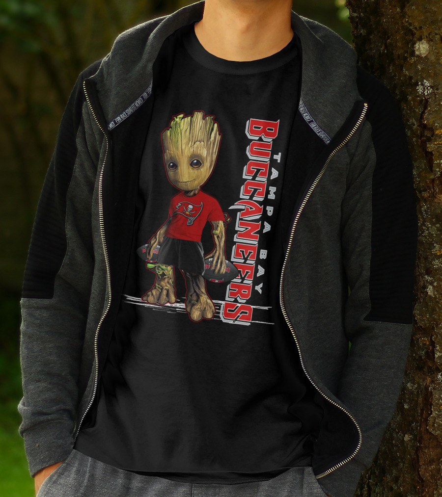 Groot In Tampa Bay Buccaneers Gear Standing With Football T-Shirt