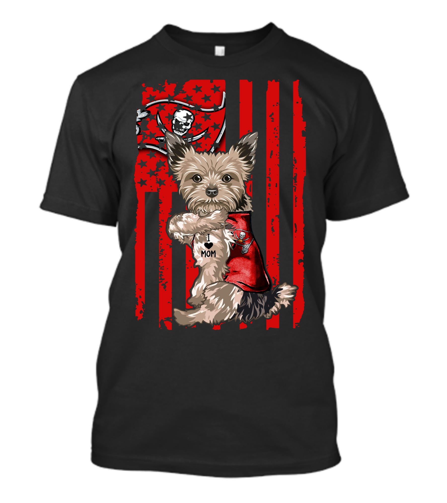 Yorkshire Terrier I Love Mom Tampa Bay Buccaneers American Flag T-Shirt