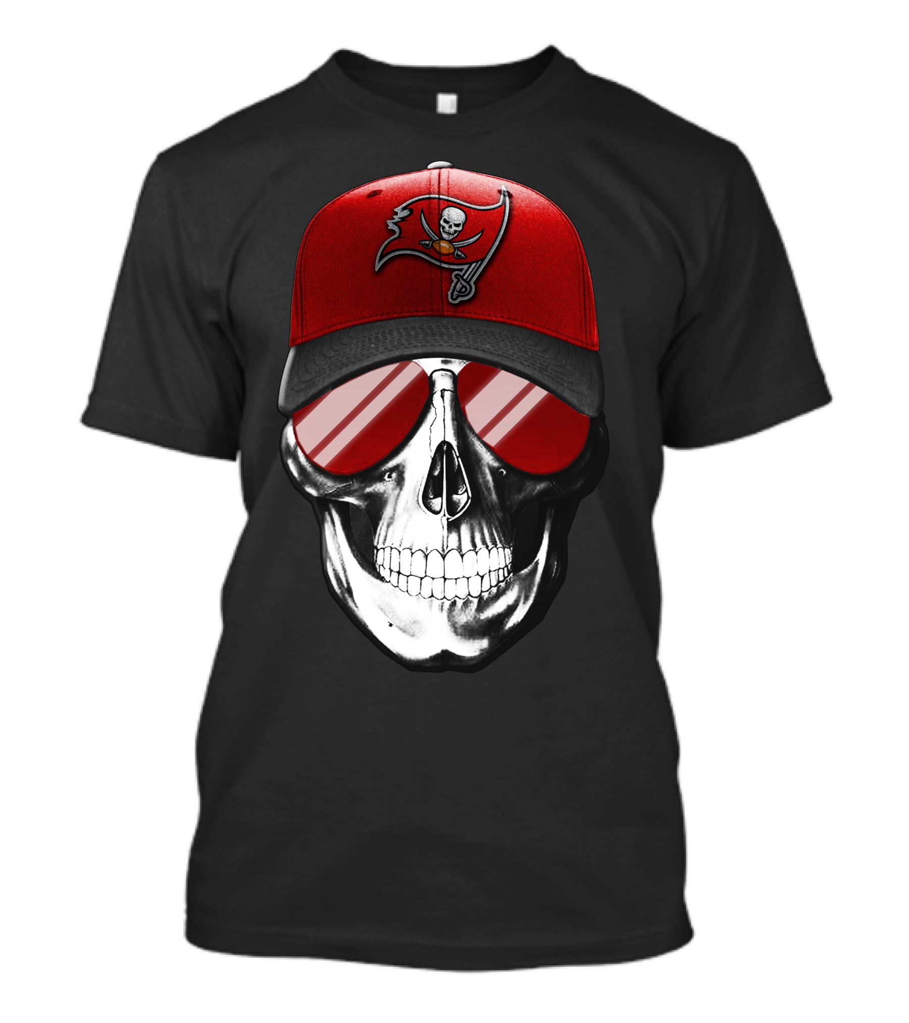 Skull V7 Tampa Bay Buccaneers Red Cap Reflective Glasses T-Shirt