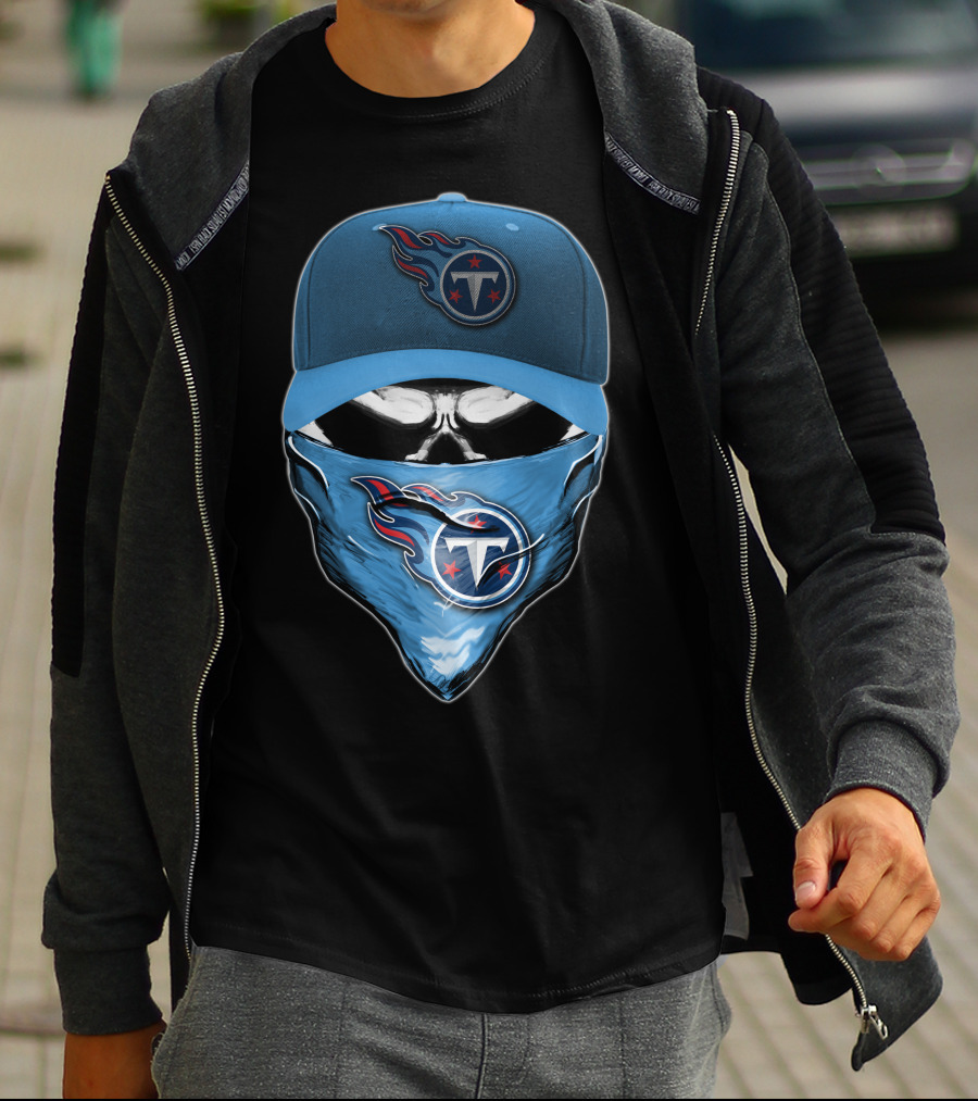 Skull V6 Tennessee Titans Logo Blue Hat And Bandana T-Shirt