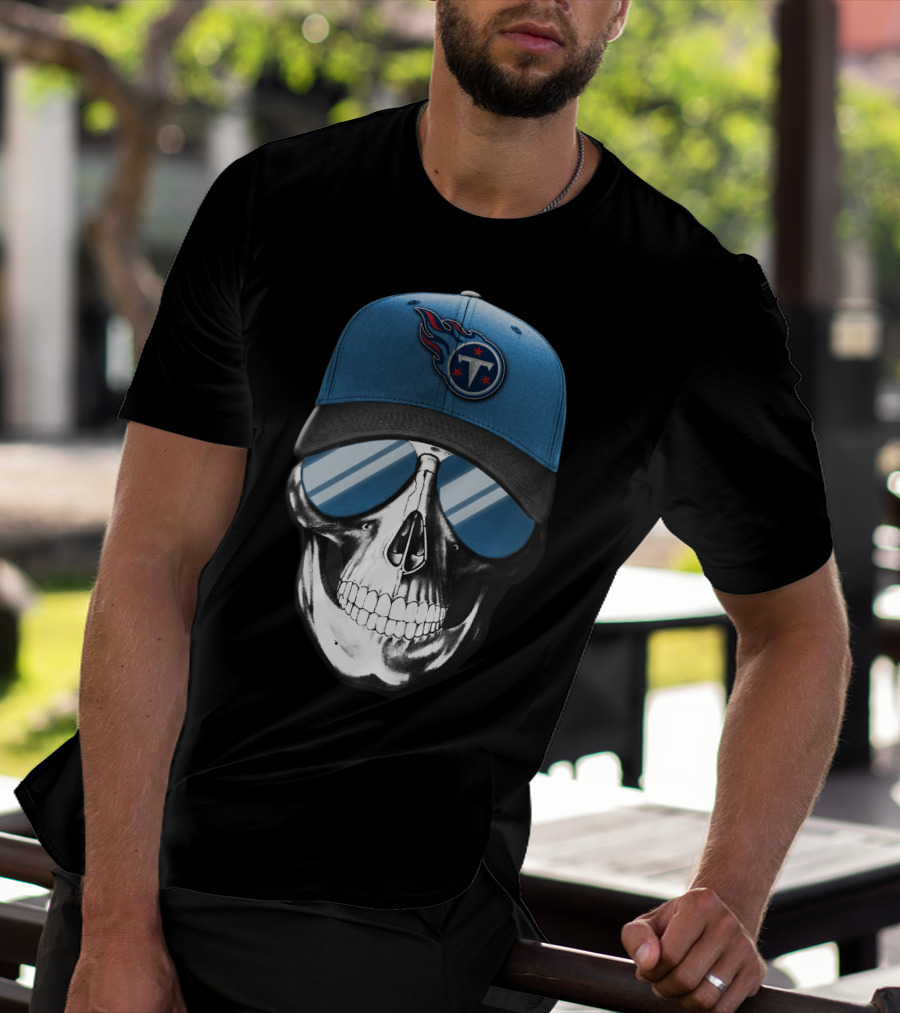 Skull With Tennessee Titans Logo Blue Cap And Sunglasses T-Shirt