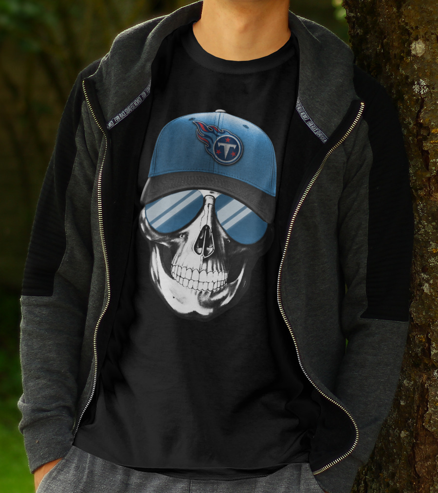 Skull With Tennessee Titans Logo Blue Cap And Sunglasses T-Shirt