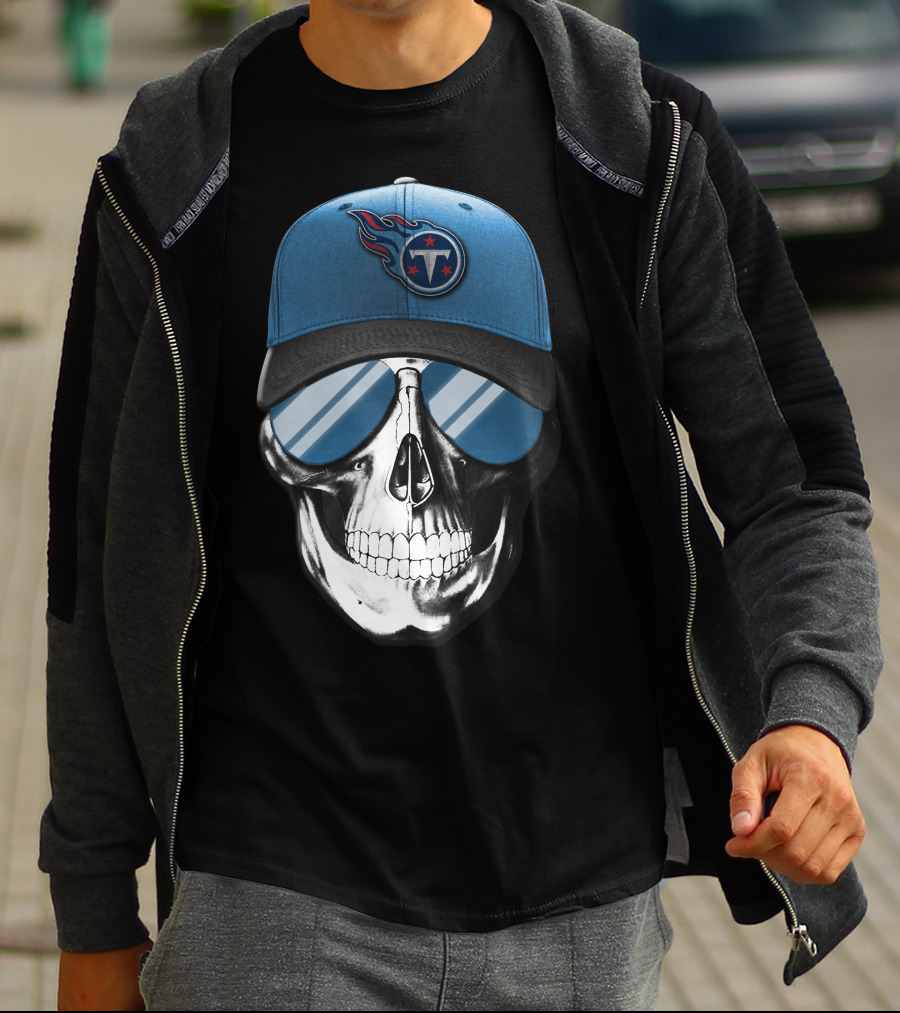 Skull With Tennessee Titans Logo Blue Cap And Sunglasses T-Shirt