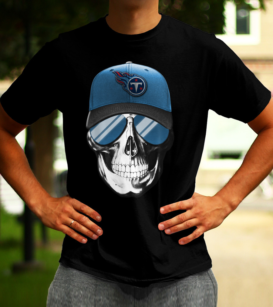 Skull With Tennessee Titans Logo Blue Cap And Sunglasses T-Shirt