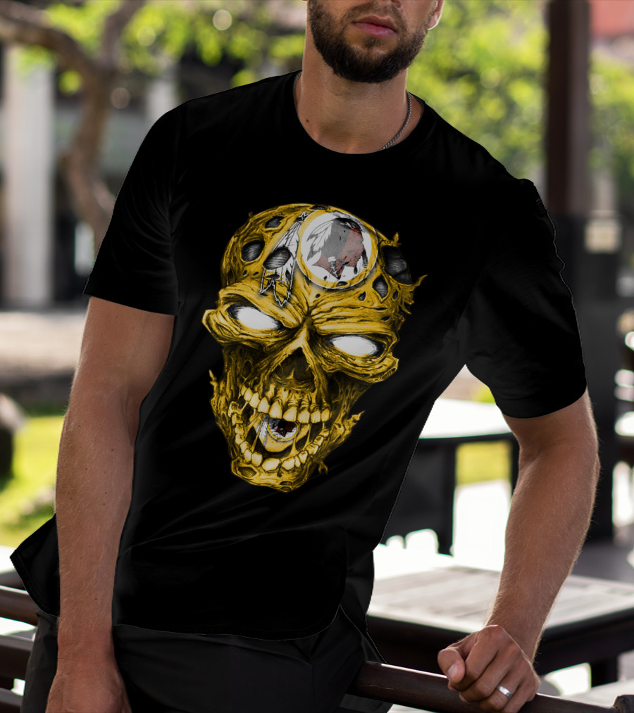 Skull V2 Washington Redskins Logo With Feather Headdress On Yellow Grinning Skull T-Shirt