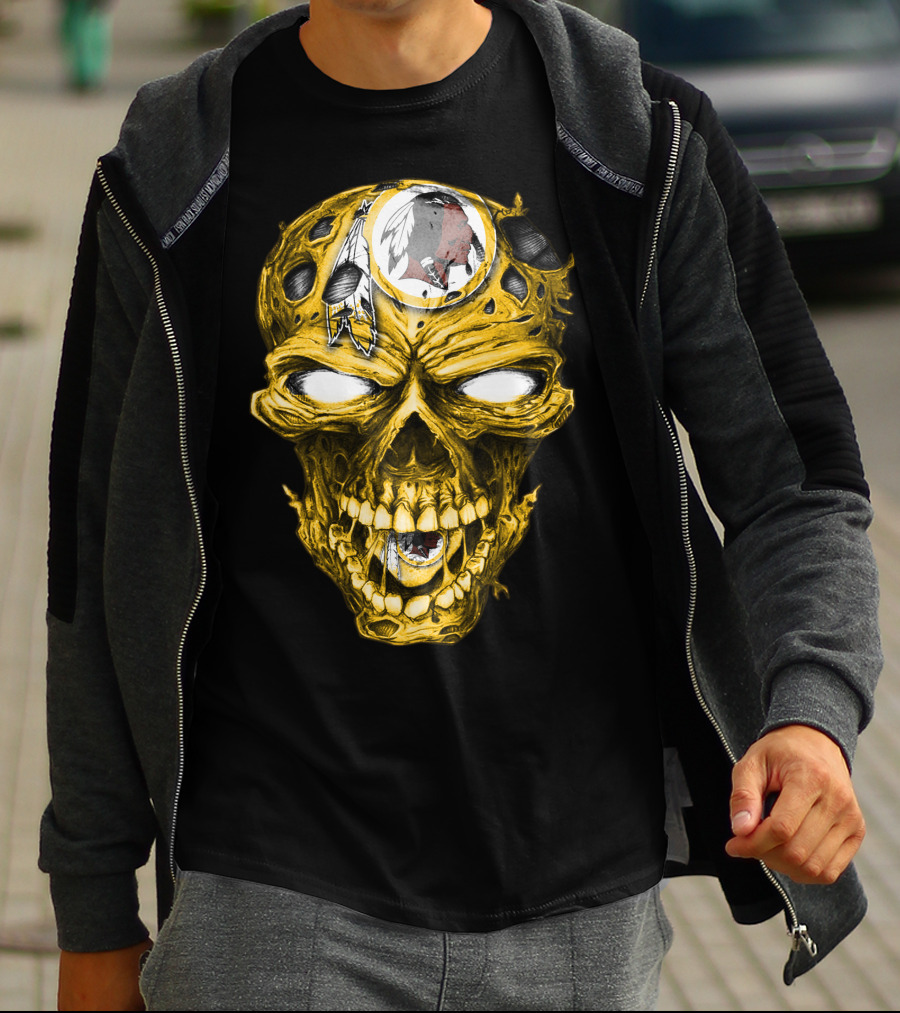 Skull V2 Washington Redskins Logo With Feather Headdress On Yellow Grinning Skull T-Shirt