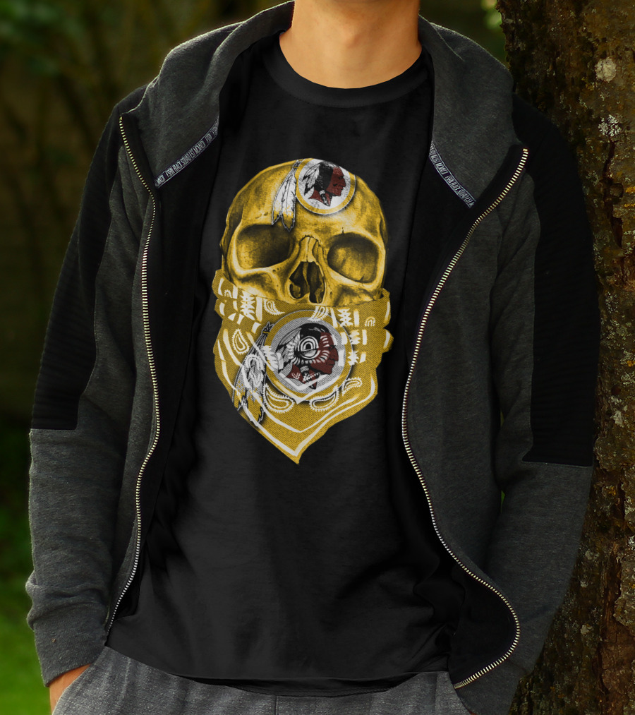 Skull Washington Redskins Logo With Yellow Bandana And Native American Symbolics T-Shirt