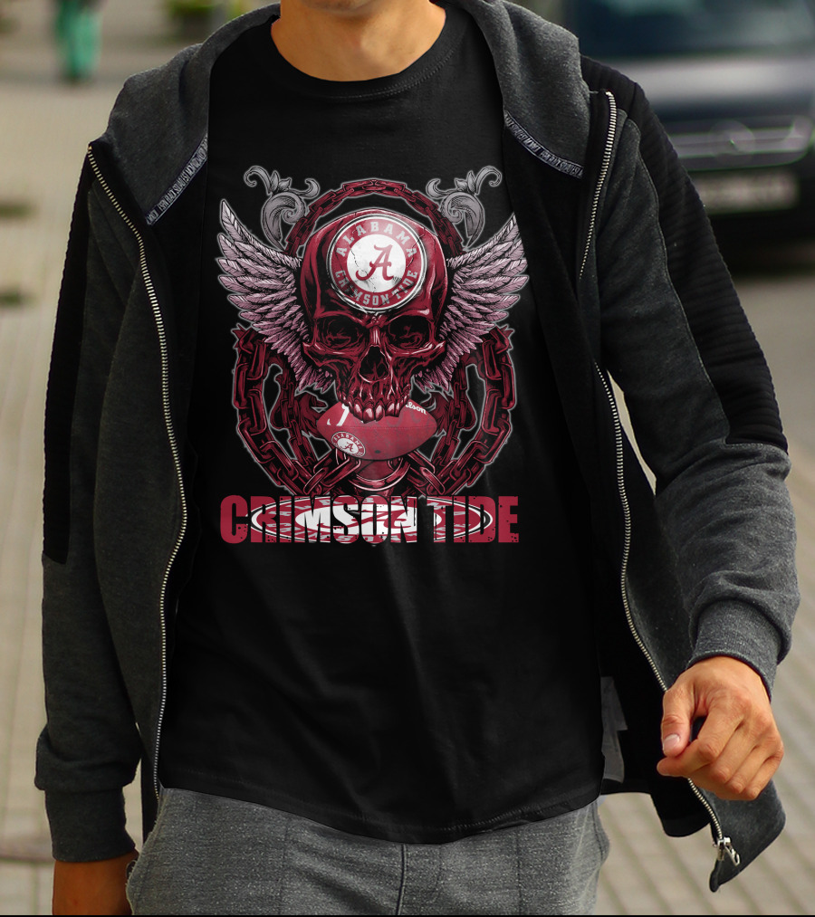 Alabama Crimson Tide Skullfb Winged Skull Football T-Shirt