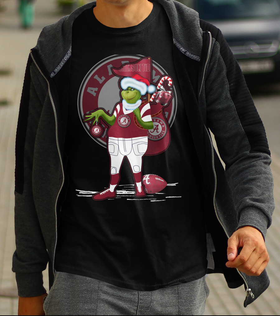 Grinchxmas Alabama Crimson Tide Football Theme With Santa Hat And Candy Cane Bag T-Shirt
