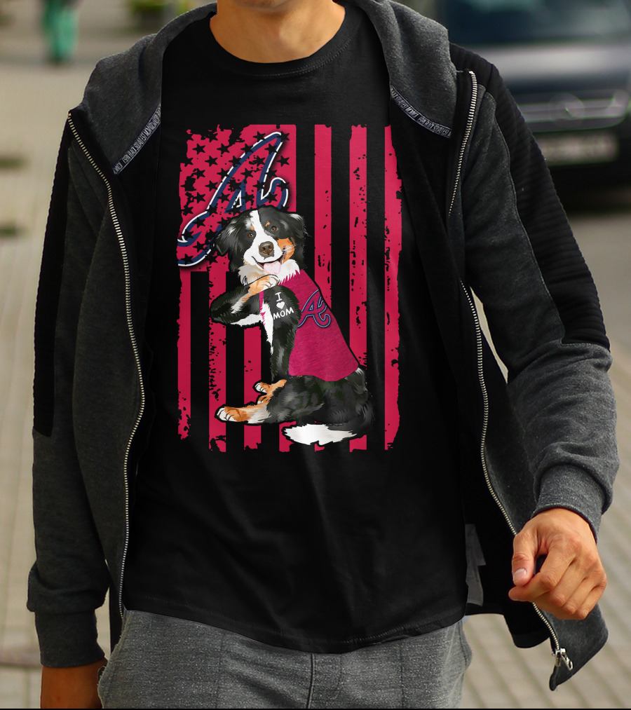 Border Collie I Love Mom Atlanta Braves A American Flag T-Shirt