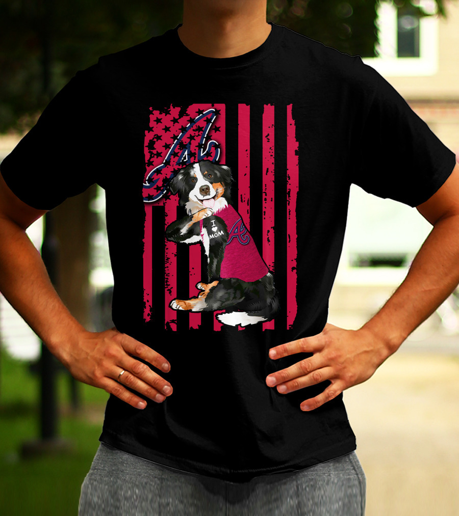 Border Collie I Love Mom Atlanta Braves A American Flag T-Shirt