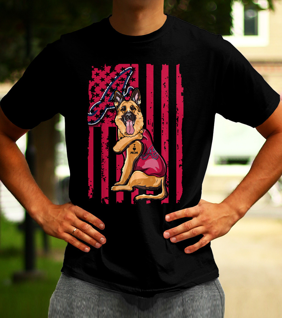 German Shepherd Wearing Atlanta Braves Jersey With A Logo And Flag Background T-Shirt