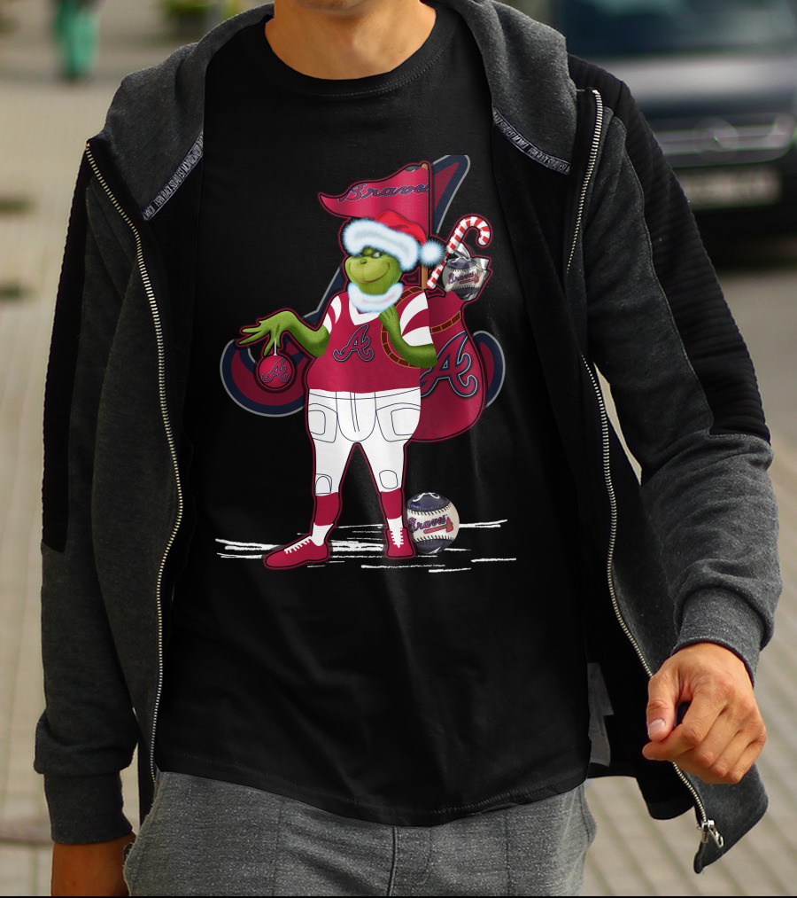 Grinchxmas Atlanta Braves Santa Holding Baseball Candy Cane T-Shirt