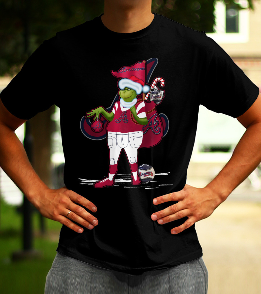Grinchxmas Atlanta Braves Santa Holding Baseball Candy Cane T-Shirt