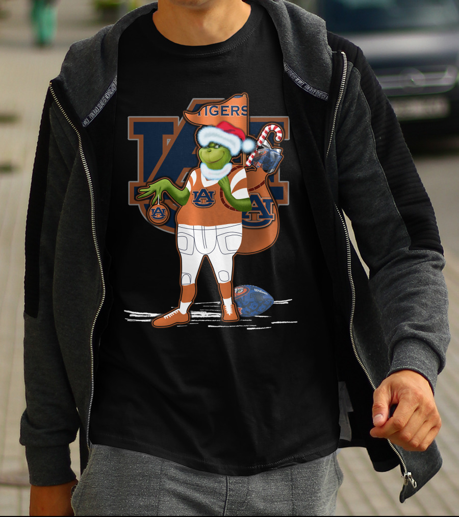 Grinch Christmas Auburn Tigers Football Santa Hat Candy Cane Sack T-Shirt