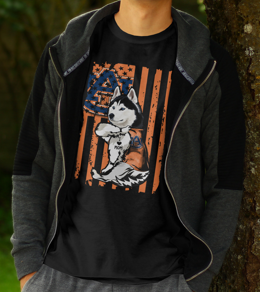 Siberian Husky Auburn Tigers Mom Heart Icon With Orange And Blue Flag T-Shirt