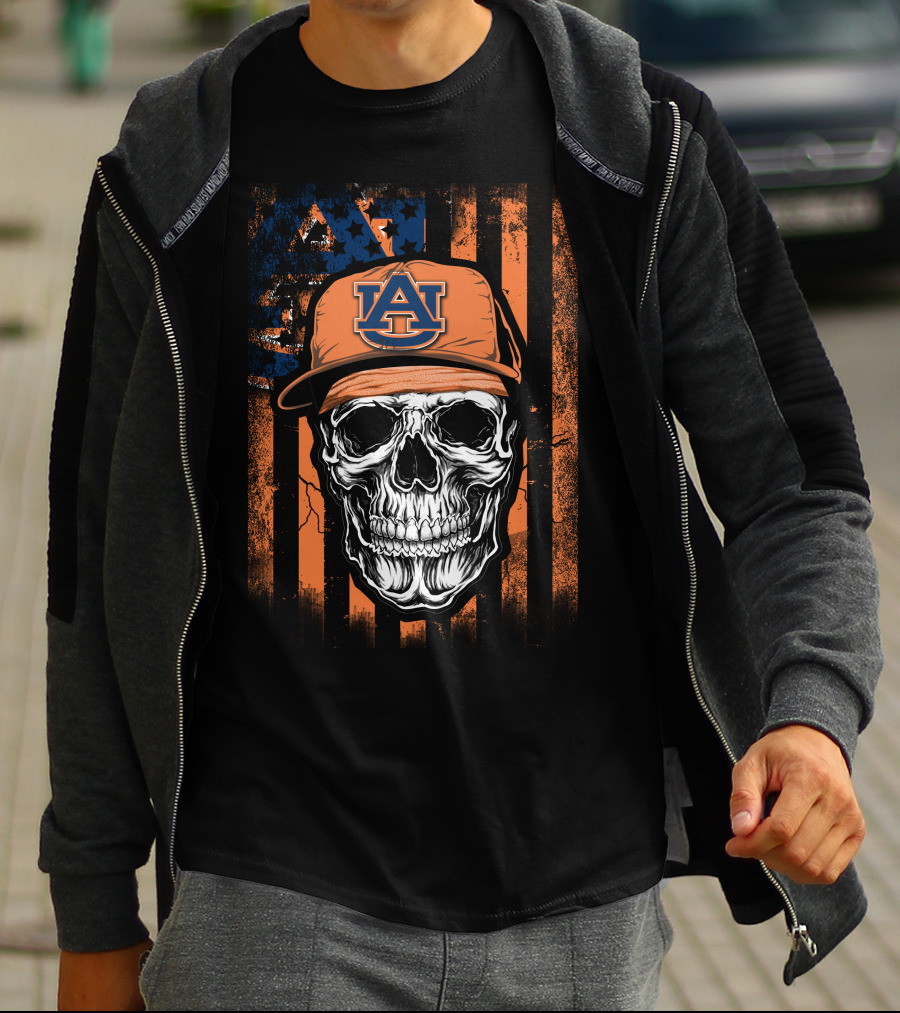 Skull V1 Auburn Tigers Au Logo Hat Orange Striped T-Shirt