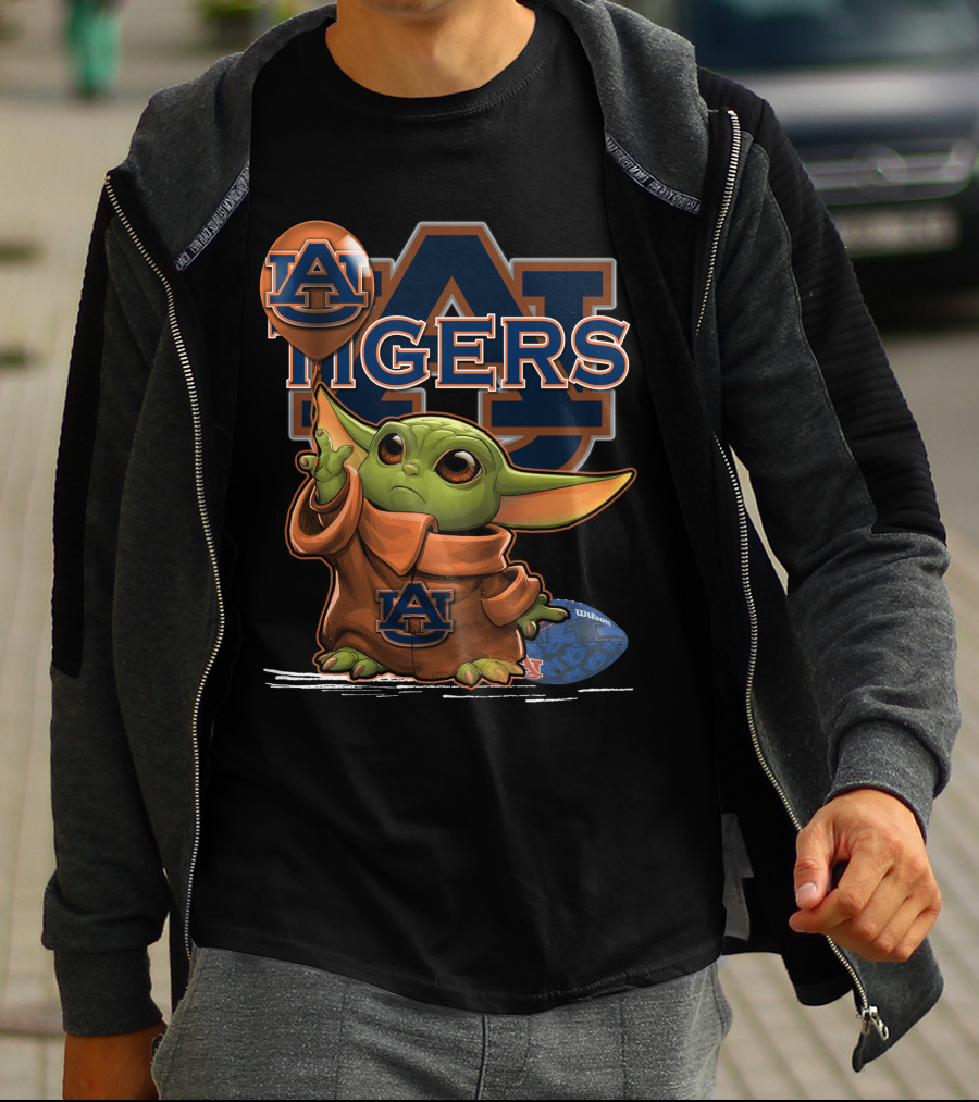 Yoda V1 Auburn Tigers Football Graphic Featuring Iconic Green Character And Au Logos T-Shirt