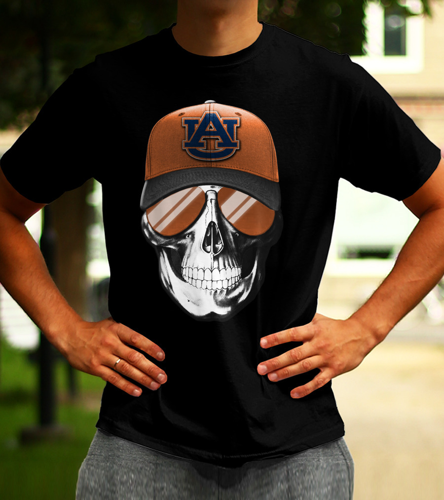 Skull V7 Auburn Tigers Hat And Sunglasses T-Shirt