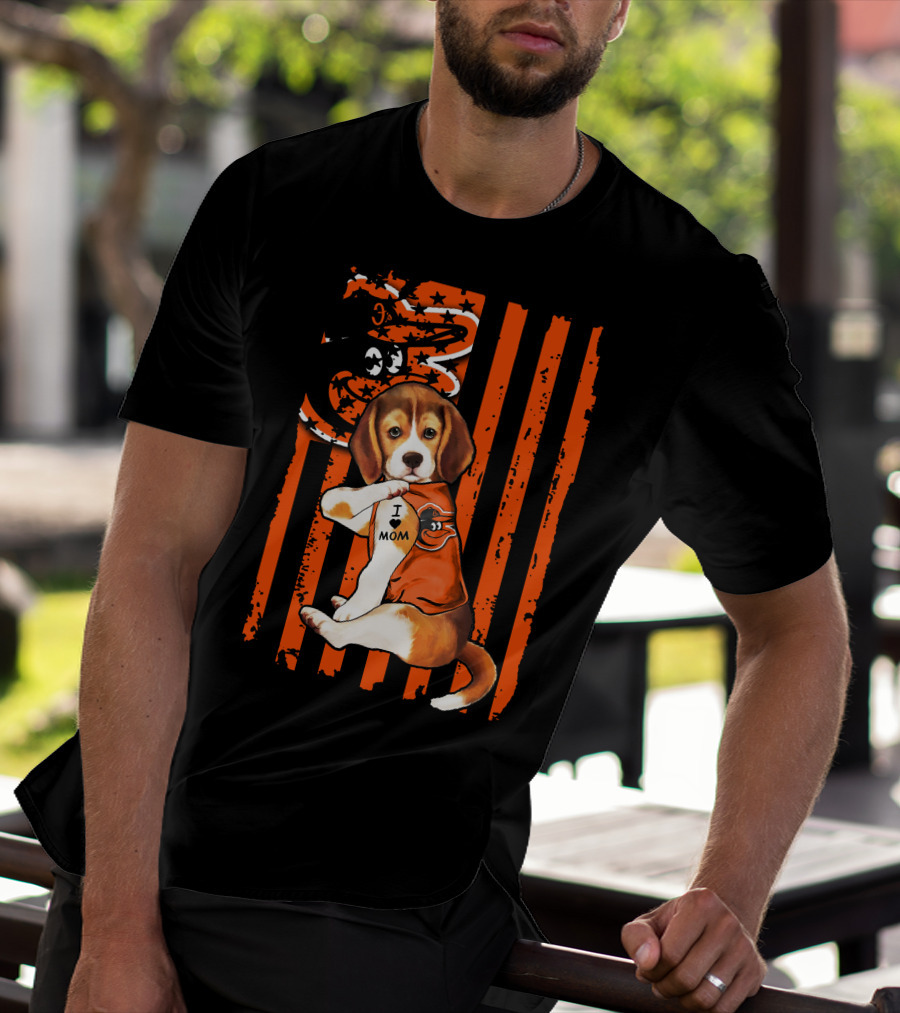 Beagle In Baltimore Orioles Orange With I Love Mom Tattoo And Stars And Stripes Background T-Shirt