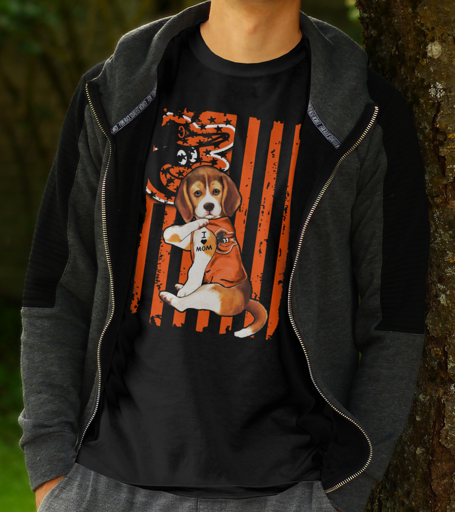 Beagle In Baltimore Orioles Orange With I Love Mom Tattoo And Stars And Stripes Background T-Shirt