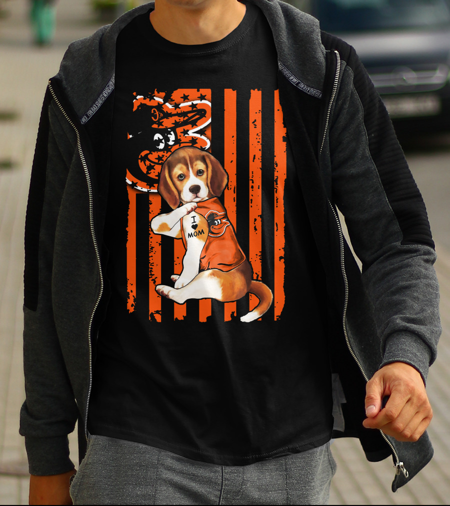 Beagle In Baltimore Orioles Orange With I Love Mom Tattoo And Stars And Stripes Background T-Shirt