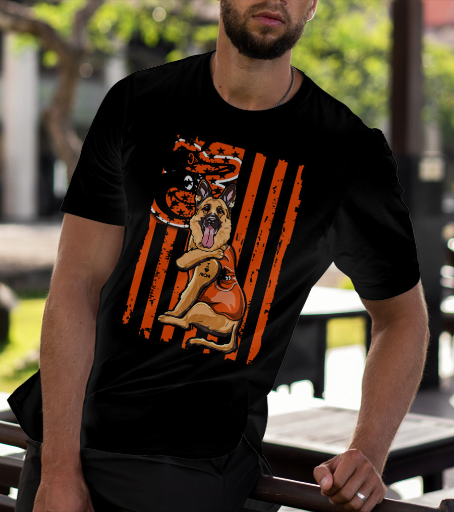 German Shepherd With Baltimore Orioles I Love Mom Tattoo Orange Stripes T-Shirt