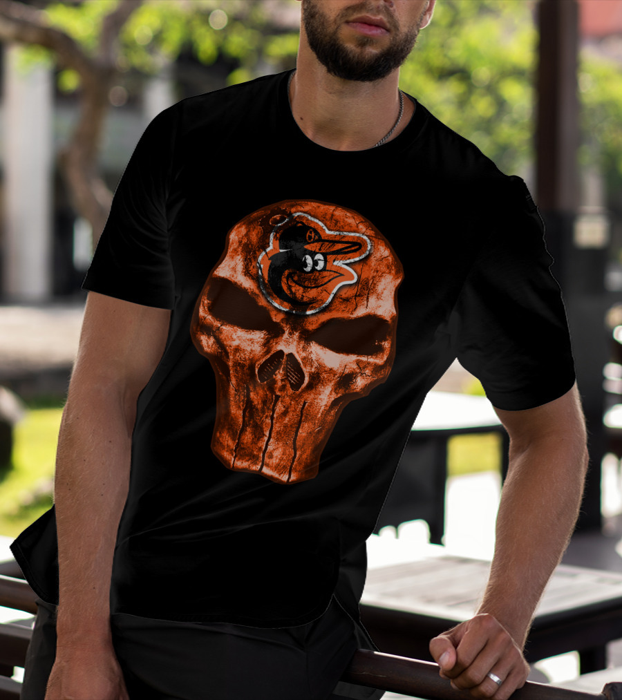 Skull V4 Baltimore Orioles Logo Grunge T-Shirt