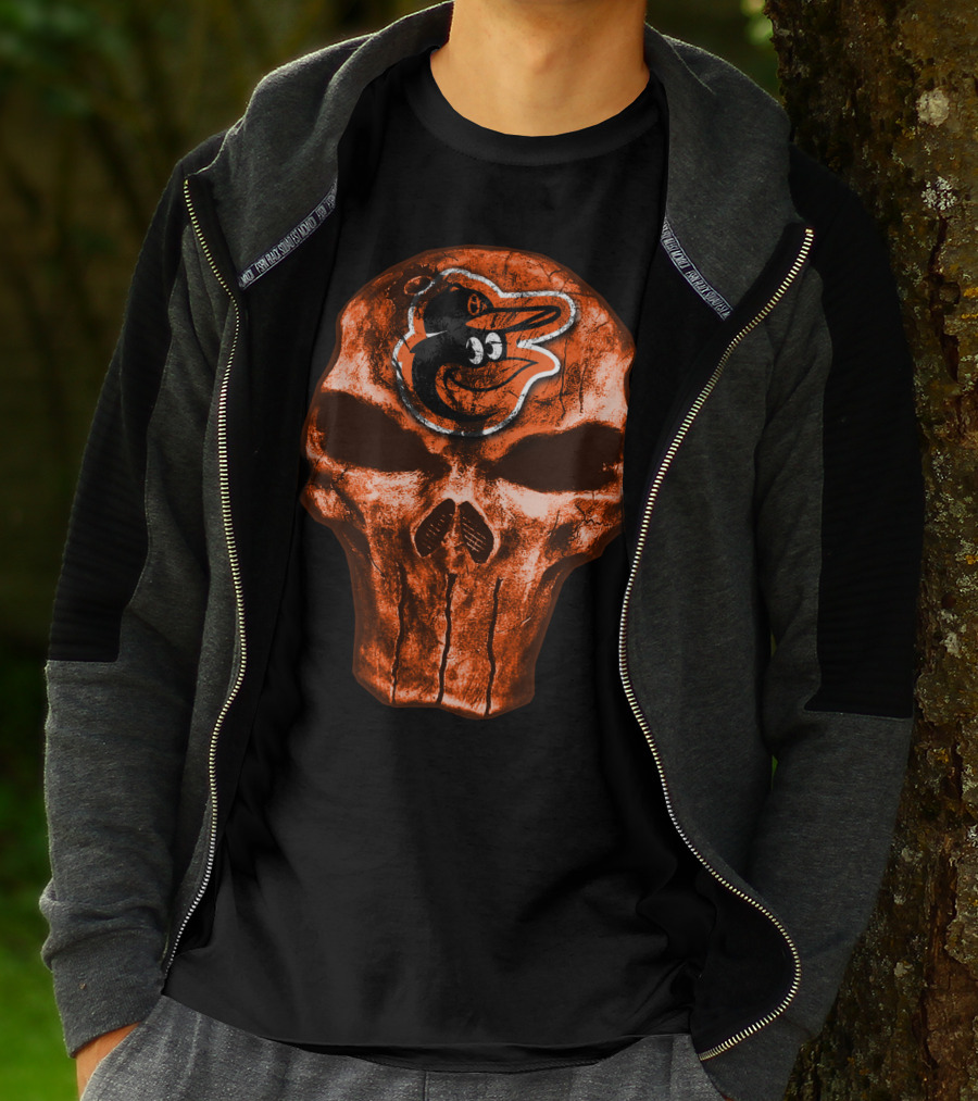 Skull V4 Baltimore Orioles Logo Grunge T-Shirt