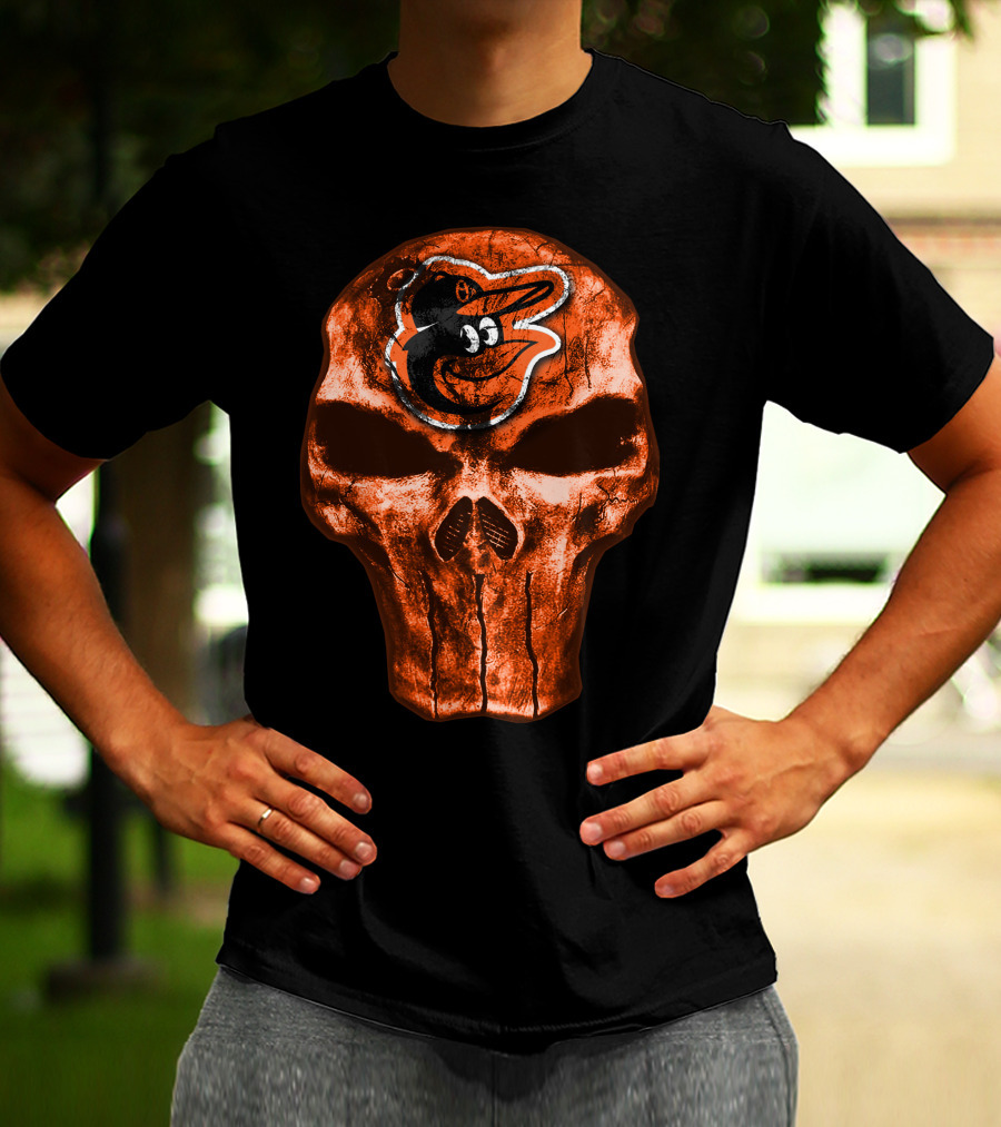 Skull V4 Baltimore Orioles Logo Grunge T-Shirt