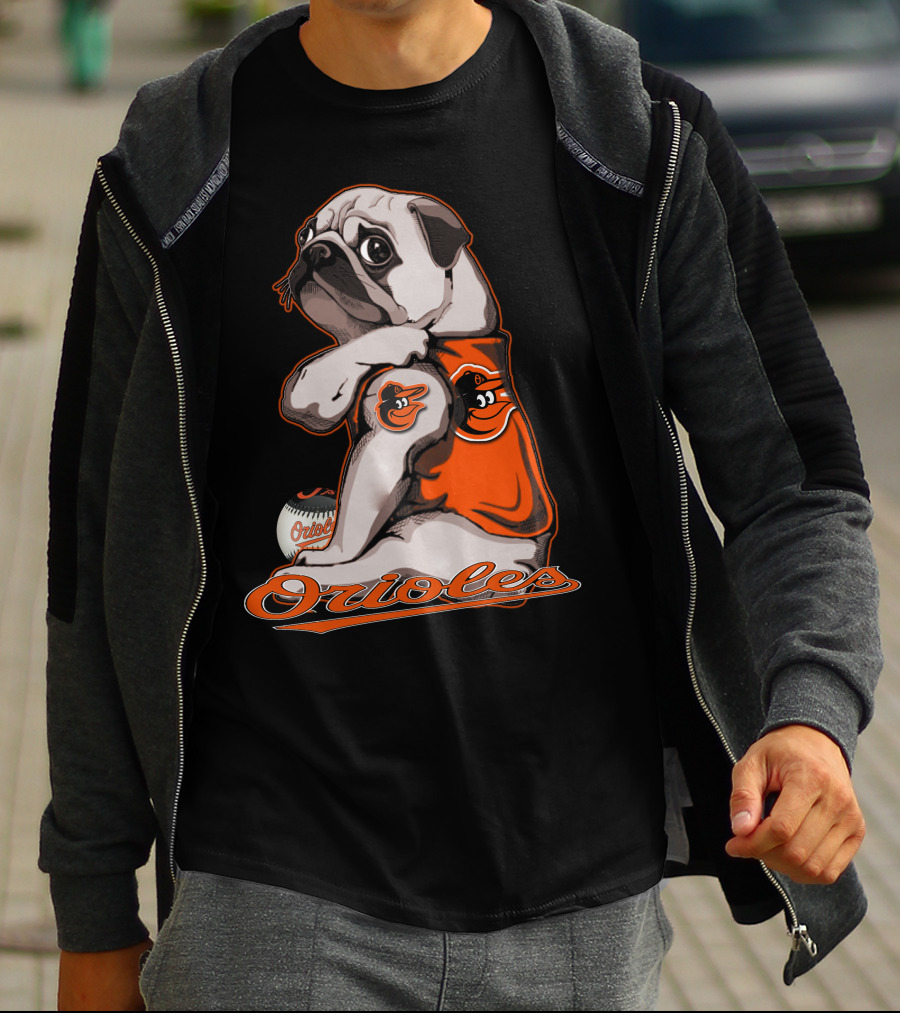 Pug Wearing Baltimore Orioles Jersey With Orioles Baseball T-Shirt
