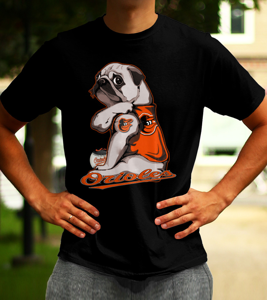 Pug Wearing Baltimore Orioles Jersey With Orioles Baseball T-Shirt