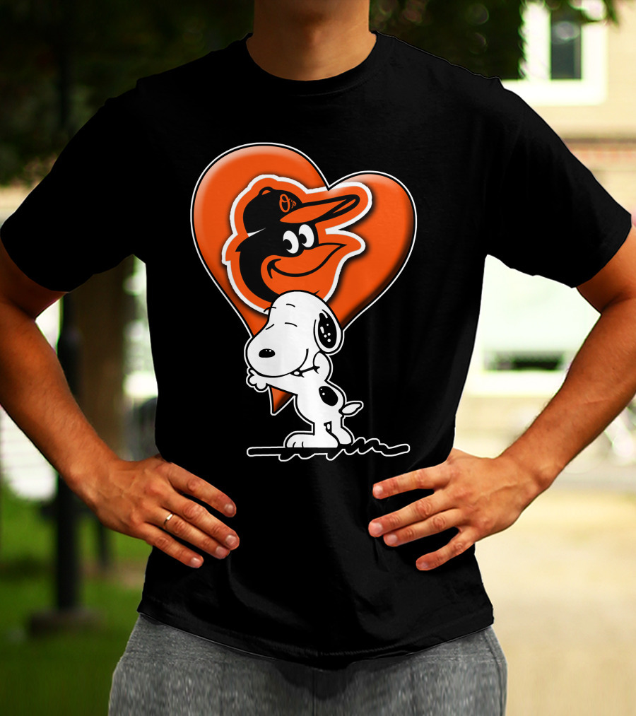Snoopy Hugging Heart With Baltimore Orioles Bird T-Shirt