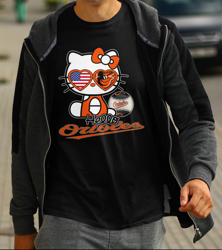 Hello Kitty Orioles Baltimore American Flag Baseball T-Shirt