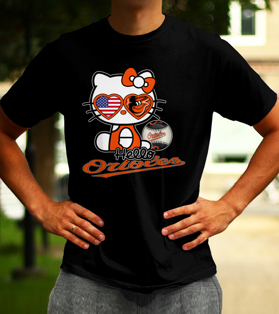 Hello Kitty Orioles Baltimore American Flag Baseball T-Shirt
